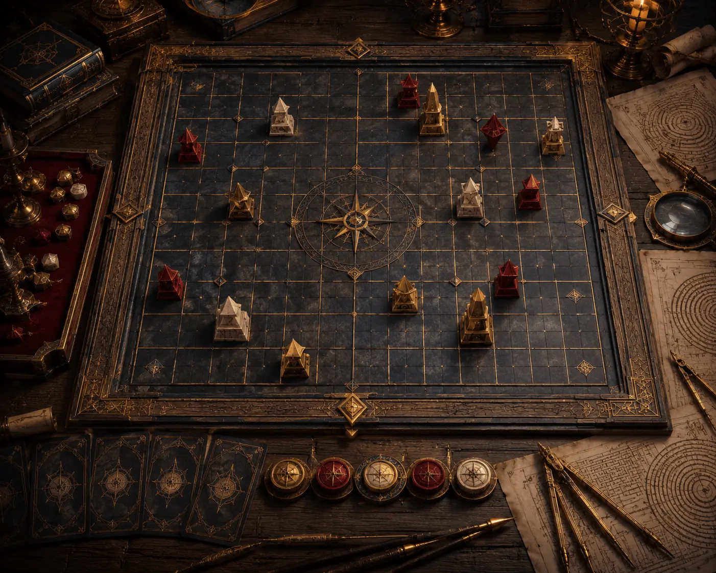 深色木質棋盤象徵回合策略與位置安排